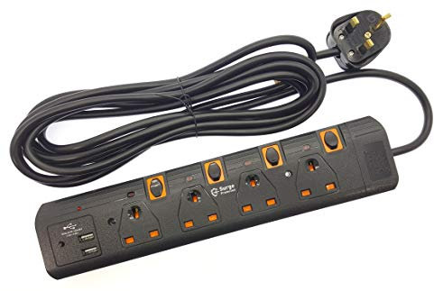 Innoteck 4 Way Extension Lead - Plastic Power Board with 5m Cable Dual USB Ports Multi Socket Plug Extension with Strip Surge Protection & Indicator, 13A Fused 4 Plug for Home, Office & Kitchen, Black