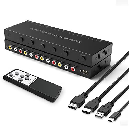 RuiPuo 4Port AV to HDMI Converter, 4Port AV to HDMI Switcher with IR Remote, Support 16:9/4:3 and Quick Switch Compatible with WII/N64/SNES/Xbox/PS1/PS2/PS3/VHS/VCR/DVD Players etc.(4AV In-1HDMI Out)