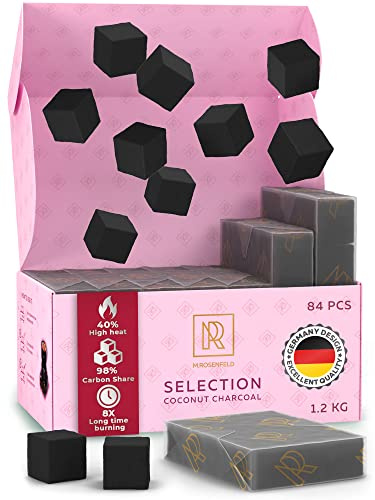 Ultra Density Hookah Charcoal Hookah Coals for Hookah Coconut – 84 pcs & 1.2 KG (2.6 lbs) – Premium Quality 25mm (1x1x1 in) – 100% Natural Coconut Coals for Hookah Cubes – NOT Quick Light