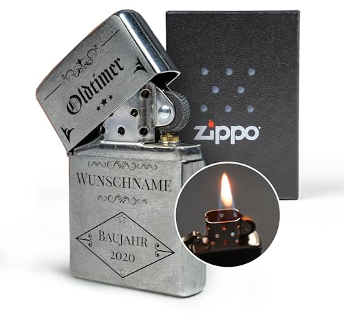 Zippo-Feuerzeug mit Gravur, Motiv Oldtimer, personalisiert | Name & Geburtsjahr, Geschenkidee für Mann, Papa, Freund, Bruder
