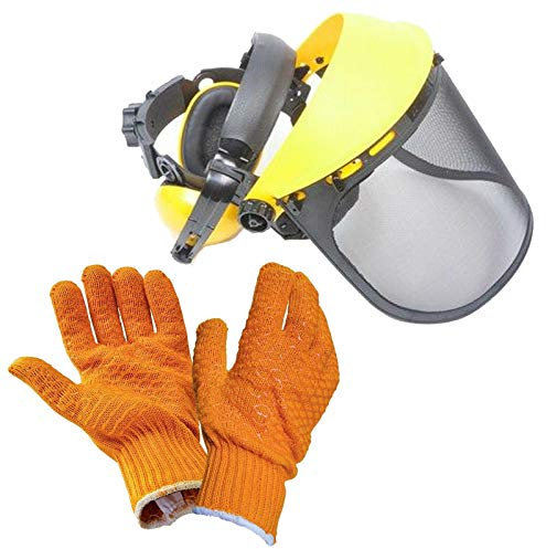 SPARES2GO Helmet Visor & Ear Defenders Safety Kit with Gloves for Hedge Trimmer Strimmer Shredder
