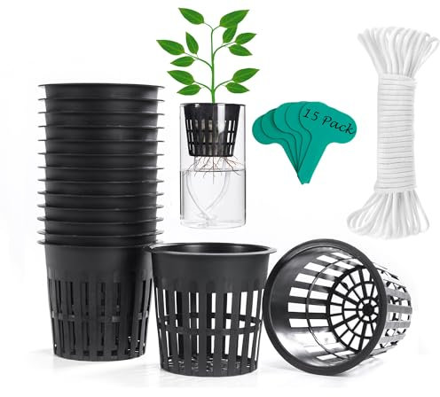 ORIMERC 15 Stück 4inch (10cm) Netztöpfe Hydroponik Net Pot mit 15 Feet Selbstbewässerungsdocht Hydroponischer Becher Mesh Cup Topf Pflanzen Gemüse Orchidee Aquaponik Kratky Hydrokultur Garten Plants