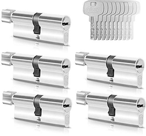 GERCAR 5x Knaufzylinder gleichschließend 5 Schließzylinder 30/30 inkl. 25 Schlüssel - 60 mm - Türschloss Zylinderschloss mit N+G Funktion gleichschliessendes 5er Set - Länge: 60mm A:30 B:30