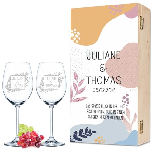 GRAVURZEILE Leonardo – Bicchieri da vino con incisione – Flower Minimal – Personalizzati con nome e data, con scatola di legno vintage – regalo per matrimonio, fidanzamento, anniversario, San