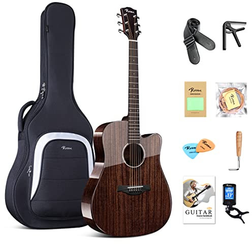 Rosen G31 Dreadnought Akustikgitarre Black Solid Mahagoni Top 41 Zoll Guitarra Full Size Cutaway mit Gloss Finish Bundle Starter Kit mit Gig Bag, Stimmgerät, Saiten, Gurt und Plektren