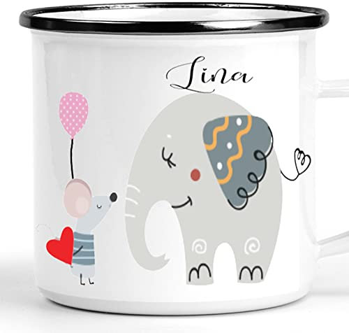 Kindergeschirr - Emaille Tasse Kinder personalisiert mit Namen für Mädchen - Kindertasse mit Namen für den Kindergarten - kleine Geschenkidee (Model Lina)