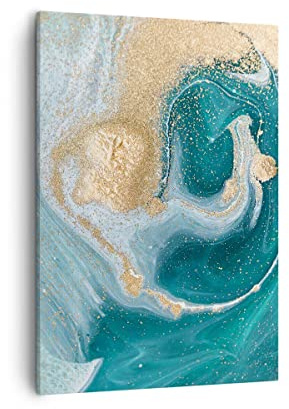 ARTTOR Bilder auf Leinwand 50x70 cm Wandbild Abstrakt - 4969 | Türkis Hintergrund Golden Vertikal Klein Wanddekoration Wohnzimmer Schlafzimmer Wandkunst Wanddeko Kunstdruck Küche ARTTOR