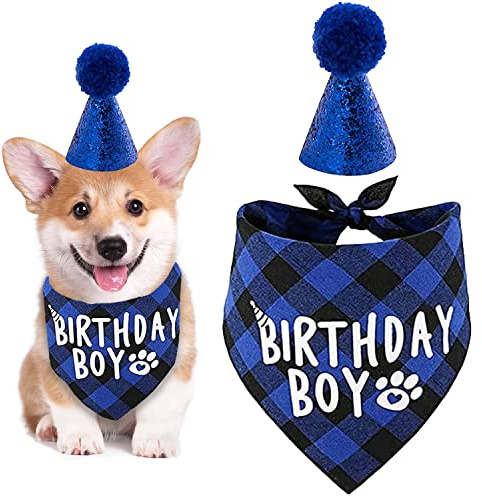 Hund Födelsedagsbandana, Husdjur Födelsedagsfest Tillbehör Bomull Triangel Pojke Hundhalsduk med söt hund Födelsedagsmössa för små medelstora hundar Katter Kostymer Huvudbonader (blå)