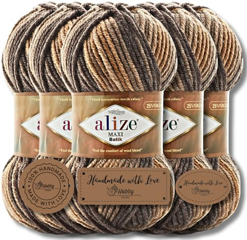 Hobby YARN 3x Etikettenlabel mit Alize Superlana Maxi Batik Wolle Premium 5x100g als Set, Yarn, Garn, Strickgarn mit Farbverlauf, Baby, zum Häkeln, Stricken, Kleidung, Schals (7800)
