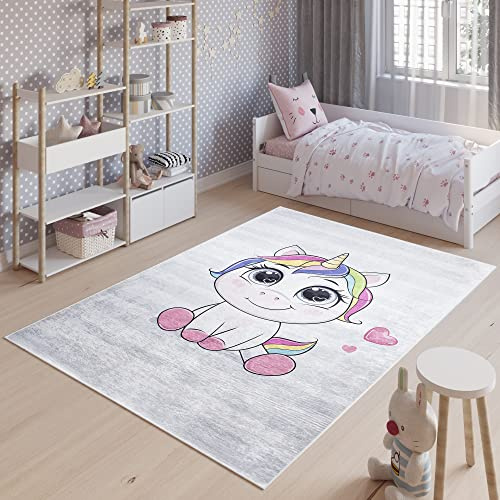 TAPISO Emma Kinderteppich Grau Rosa Einhorn Antirutsch 160 x 230 cm | Waschbar bei 30 Grad bedruckter Kinderteppich Kinderzimmer Jugendzimmer Modern OEKO-TEX