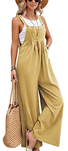 SotRong Dungarees for Women Uk Wide Leg Jumpsuit With Pocket Casual Sleeveless Strappy Culottes Bib Overall Loose Fit Baggy Fit Hippie Playsuits Summer Boho Romper Light Yellow L