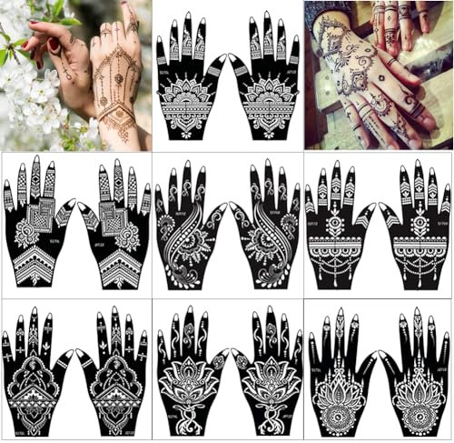 XMASIR 14 Blatt Henna Tattoo Schablonen Kit für Hand, Indische Temporäre Tattoo Schablone Aufkleber Glitzer AirBrush Tattoo für Frauen Mädchen