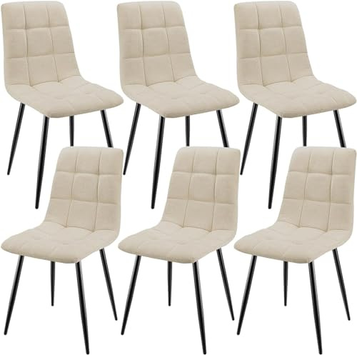 JIJIAN Lot de 6 Chaises de Salle à Manger, Chaises Tapissées en Tissu de Lin et Pieds en Métal Noir, Design en Damier, pour Salle de Séjour Chambre à Coucher Cuisine Salon Réception, Beige