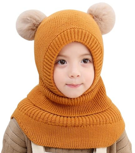 URFEDA Schlupfmütze Kinder Winter Warme,Baby Beanie Stricken Wintermütze Jungen Mädchen Schalmütze Niedlich Strickmütze Kindermütze mit Bommel Fleecefutter Mütze Schal Set für 3-6 Jahre alt Baby