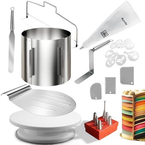 4smile Torten-Zubehör-Set 24 Teile - Tortenring verstellbar hoch 15 cm, Tortenschneider, Tortenheber, Tortenplatte drehbar, Streichpalette, Winkelpalette, Spritzbeutel mit Tüllen, Tortenschablone