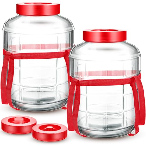 Havawish 2 Pcs 5 Gallon Glass Jar with Airlock Lid Large Storage Glass Jars Wide Mouth Carboy Fermentor with Carrying Harness Fermentation Container Jug for Wine Making