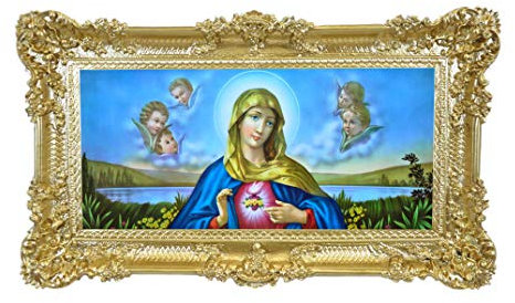 LIGUORO SHOP Quadro del Sacro Cuore della Vergine Maria Riproduzione Stampata su Banner Telato con Cornice Barocca cm 96X56 (Oro)