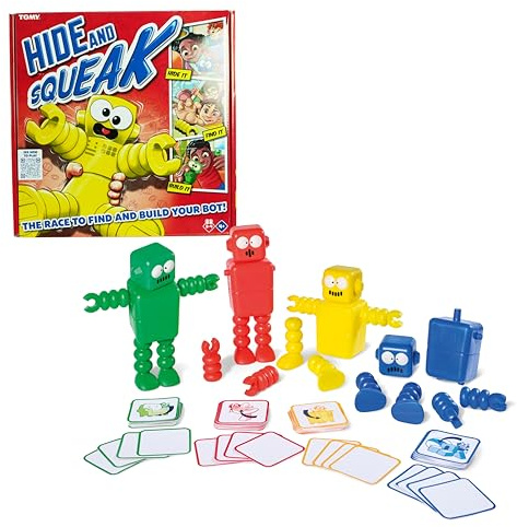 TOMY Hide and Squeak Robots, juego de búsqueda del tesoro de construcción de robots para niños, juegos activos de interior, juegos para niños de 4 años en adelante