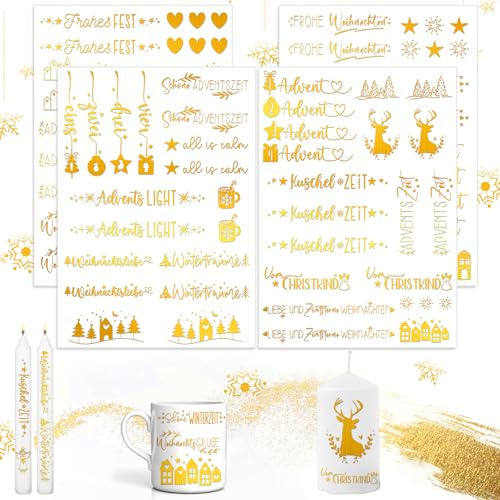Glitzer Gold Kerzentattoos für Weihnachten - 4 PCS A5, Blattgold Kerzenfolie, Wasserschiebefolie zum Dekorieren, Geschenk