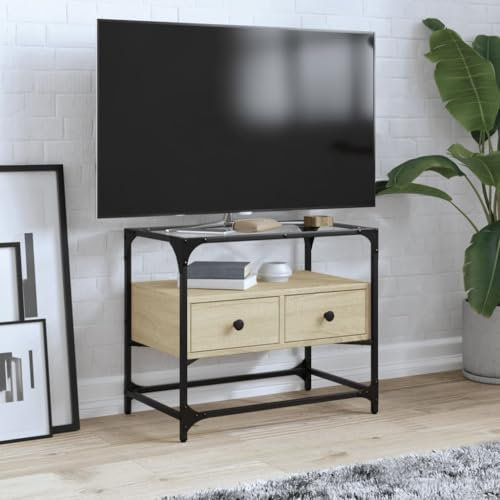 Homgoday TV-Schrank aus Glas, Sonoma-Eiche, 60 x 35 x 51 cm, mehrschichtiges Holz, Dekor für TV-Möbel, TV-Schrank, Wohnzimmer, niedriger Schrank für industrielle Wohnzimmer, TV-Ständer