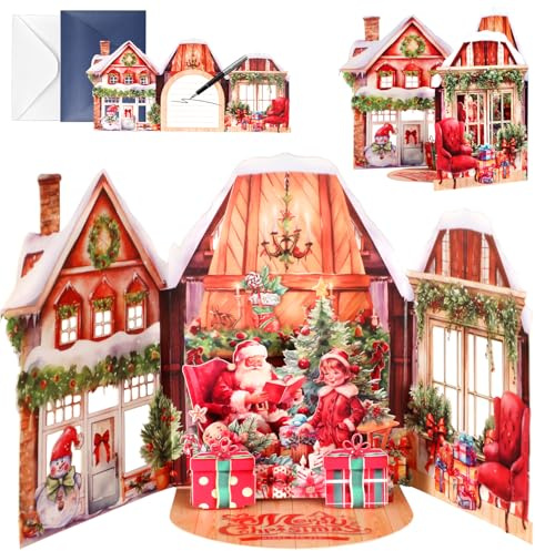 3D Pop Up Weihnachtskarte - Festliche Urlaubsszene mit Weihnachtsmann, Geschenken und Schneemann - Einzigartige Pop Up Karten zu Weihnachten - Hochwertiges Papier und Umschlag inklusive