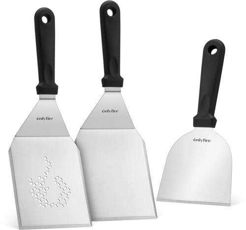 Onlyfire Set med 3 professionella grillspade i rostfritt stål, stekspatel, hålplattsspatel och stekskrapa, Smash Burger-kit för grillning, matlagning och rengöring