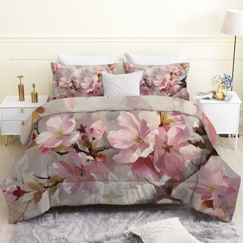 LSSLK Piumino Letto Matrimoniale 4 Stagioni 240x260 cm, Fiori Rosa Reversibile Piumone Leggero 260x240 cm, Piante Primaverili Coperta Trapunta in Microfibra con 2 Federe, Lavabile in Lavatrice