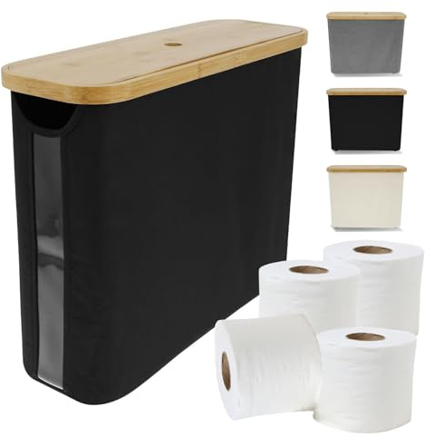 Klopapier Aufbewahrung mit Abdeckung aus Bambus für 12 Rollen Toilettenpapier Aufbewahrer Klorollenaufbewahrung mit Holzstangenhalterung Feuchtigkeitsbeständig WC (Schwarz)