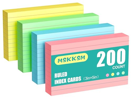 Colored Index Cards 3x5 Inch - 200 Count, Ruled Index Flash Cards for Studying, Lined Index Note Cards 3 x 5 Colorful, 180GSM Heavy Colored Flashcards 3x5 Notecards for Office, Home, School Supplies