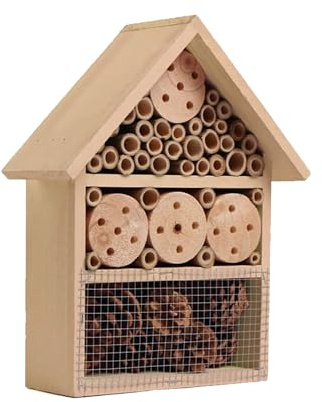 Bee & Bug Hotel Wooden Insect & Bee House with Pre-Drilled Hanging Hook Nesting Habitat for Solitary Bees Butterflies Ladybirds & More, Natural Wood Garden Shelter Box (Natural, One Size)