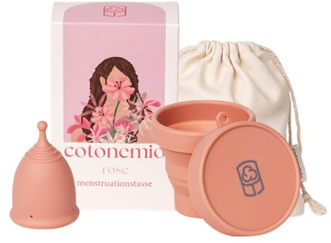 Cotonemio Rose - S Coppetta Mestruale in 100% Silicone Medico con Sterilizzatore e Sacchetto in Cotone | Kit Coppetta Riutilizzabile, Senza BPA, Fino a 12 Ore di Protezione
