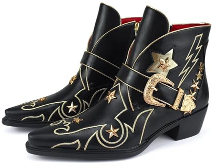 Ouwilov Women’s Black & Gold Embroidered Western Ankle Boots – Low Heel Cowboy/Cowgirl Booties