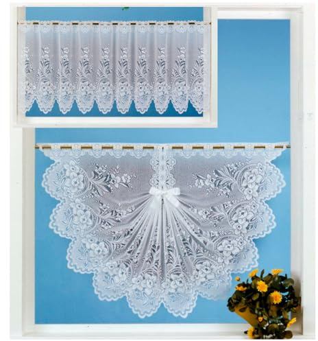 heimtexland ® Scheibengardine Jacquard Bistrogardine Muschelbogen Schwalbenschwanz Fensterdeko Blumen weiß mit vielen Deko-Varianten Typ42 HxB 52x170 cm