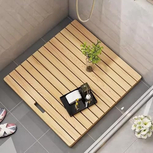 Caillebotis Tapis de douche rectangulaire en bambou avec poignée et poignée pour salle de bain et spa 90 x 45 cm