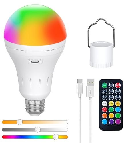 Bombilla Recargable USB-C Con Mando a Distancia, AC100-240V Smart E27 LED 9W, CCTRGB Regulable Con Control Táctil, Bombillas Recargables, Luz de Emergencia Para Exteriores de 2200mAh, Pack de 1