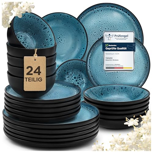 Twinzee Vajillas Completas 6 Personas de Gres Azur Resistente - 24 estilo Riviera - Apta microondas