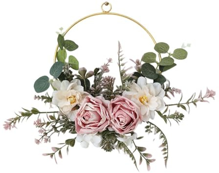 Artificial Flower Door Wreath, 37cm Pink White Silk Rose Wreath for Door | Faux petal bloom, metal ring vintage finish, door fireplace room, no-water dust-proof, chain quick install, pink white 14.5in