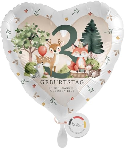 balloa Folienballon XXL Herz Waldtiere Motiv Reh Fuchs Igel mit Zahl 3, Geschenk zum 3. Geburtstag für Kinder, Helium geeignet Luftballon, Deko Idee für Mädchen Jungen, Geburtstagsdekoration, 53cm
