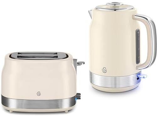 Swan Retro Revive Cream 1.7L 3KW Jug Kettle & 2 Slice Toaster. Matching Retro Design Kettle & Toaster Set in Chantilly Cream with Chrome Accents