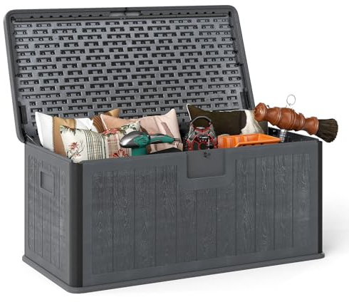 GOPLUS 378 L Gartenbox, Auflagenbox wasserdicht, Aufbewahrungsbox mit abschließbarem Deckel & Griff, Kissenbox für Garten, Gartentruhe für Terrasse, Poolzubehör & Gartengeräte (Grau)