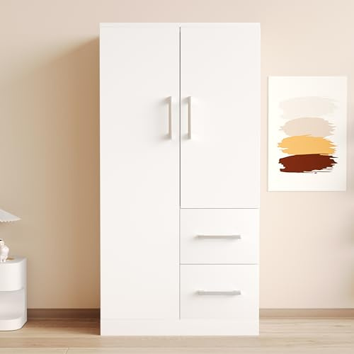 Moimhear Kleiderschrank 70x40x135cm, Doppeltür-Design mit Schubladen und Staufächern, Kinderkleiderschrank, Einzelkleiderschrank (Stil 2, 70x40x135cm, Weiß)