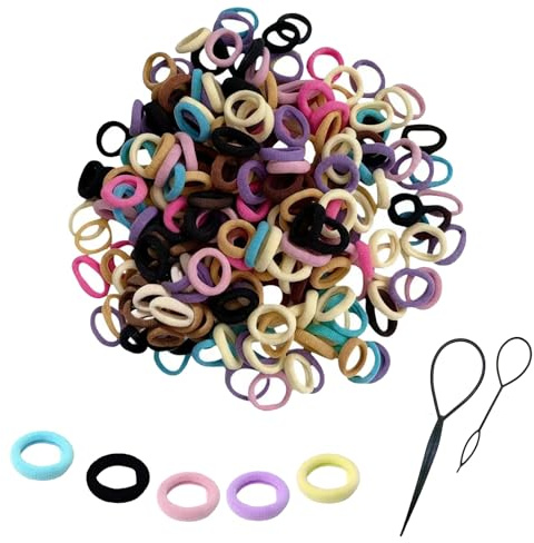 Paquete de 200 gomas elásticas suaves para el pelo, 2 cm, sin daños, para mujeres y niñas, con bolsa de almacenamiento, mini accesorios multicolor para el cabello