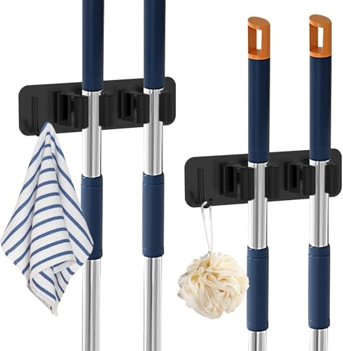 Broom Holder Wall Mounted Stainless Steel Mop Holder Wall Mounted 2 Racks with Hook Broom Hanger 2 Pcs Heavy Duty Broom Holder Self-Adhesive/Perforated for Garage, Kitchen, Laundry, Bathroom, (Black)