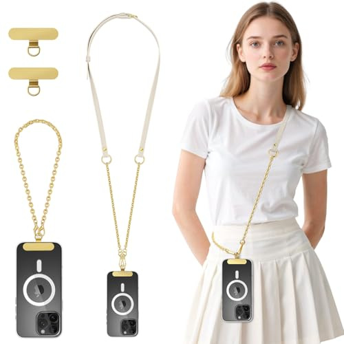 MoKo Phone Wrist Strap and shoulder strap with Tether Tab | Adjustable anti-theft phone lanyard for iPhone and most smartphones, White & Gold