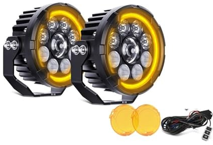 URAGER Phare De Travail LED 5 Pouces Pour Moto, Feux Route/croisement, Auxiliaires, Stroboscope Phares Avant Moto(High Low Yellow DRL)