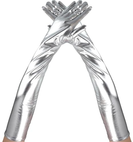 PARUPRUP 1 Pair Women Long Glove,Patent Leather Gloves,Glossy Finger Gloves for Cosplay Opera Dance Evening Party Costume (Silver, One Size)