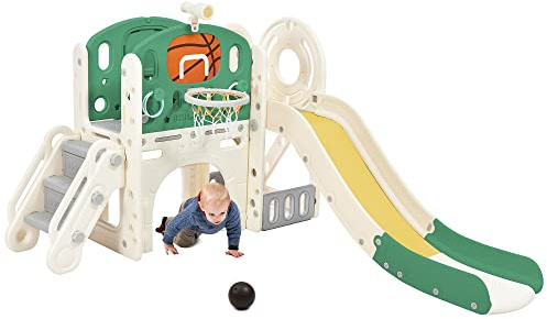 Barn rutschkana inomhus utomhus, kombilekanordning med basketkorg och tunnel: rutschkana för småbarn med förvaringslåda, trappa (HDPE, 186 x 150 x 110 cm), EN71-godkänd