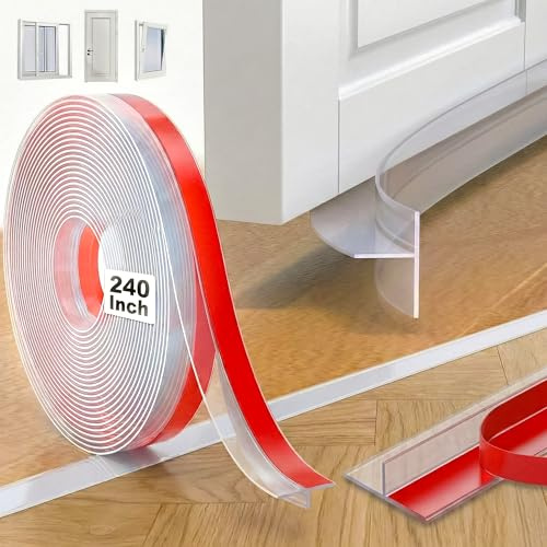 T-Shape Door Draught Excluder, 6.1m (240) Clear Silicone Door Seal Strip, Self-Adhesive Under Door Draft Stopper for Bottom and Side Gaps, Soundproof Window Weather Stripping Wind Blocker