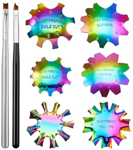 Lurrose Gabarit à Ongles en Acier Inoxydable 6 Pièces 6 Modèles Français Colorés et 2 Stylos, Outil de Nail Art DIY pour Manucure Professionnelle Domicile, Fournitures de Manucure