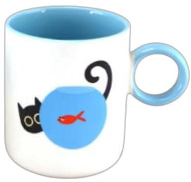 Générique Tazza Loki con gatto e pesce rosso, bianco e blu, 375 ml, 8,5 x 10 cm, tazza umoristica Efya